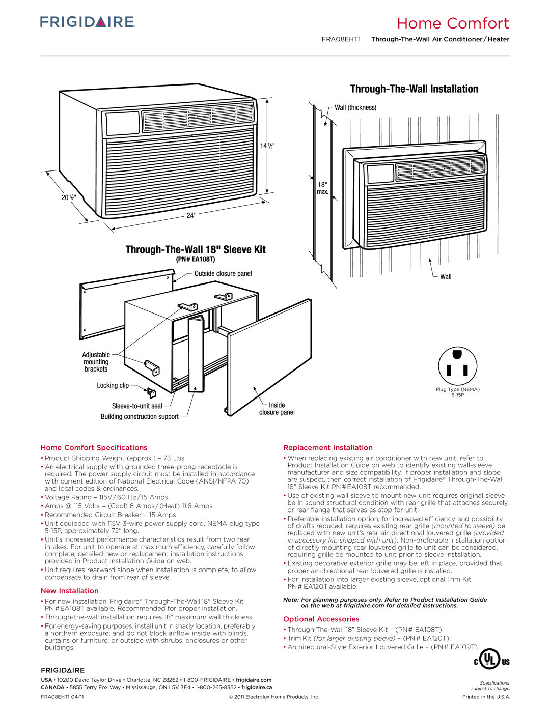 Frigidaire FRA08EHTI Home Comfort Specifications, New Installation, Replacement Installation, Optional Accessories 