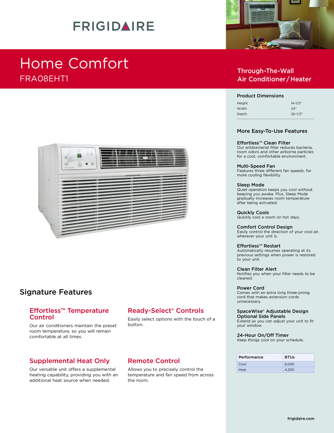 Frigidaire FRA08EHTI dimensions Home Comfort, FRA08EHT1, Signature Features, Through-The-Wall Air Conditioner / Heater 