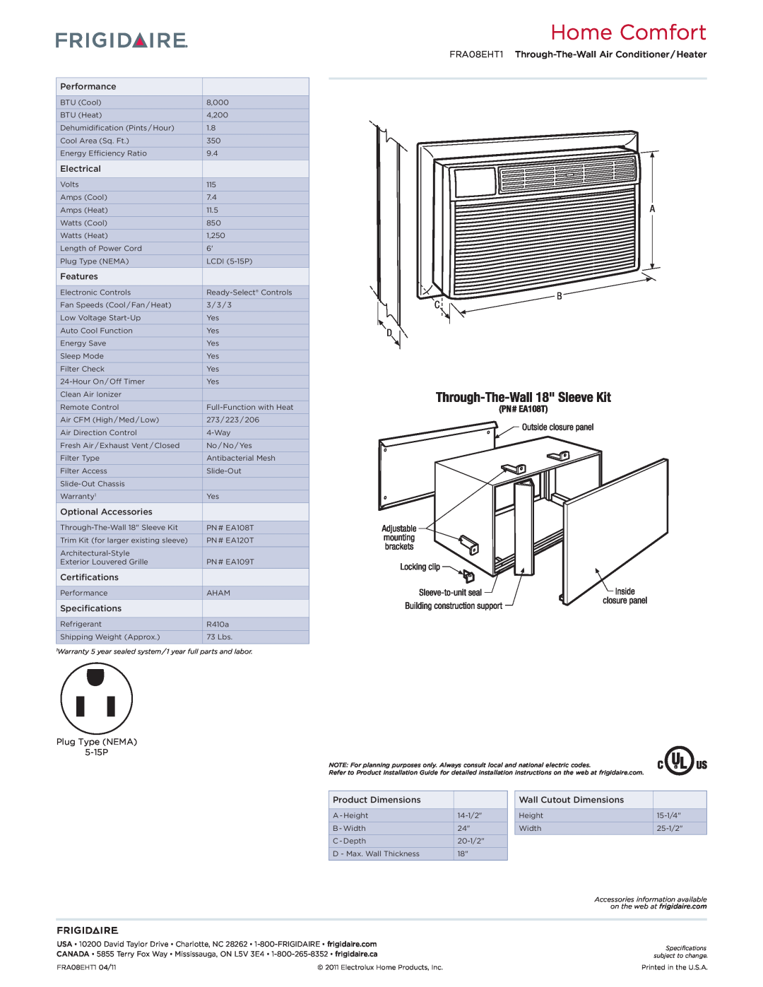 Frigidaire FRA08EHTI Home Comfort, Performance, Electrical, Features, Optional Accessories, Certifications, Specifications 