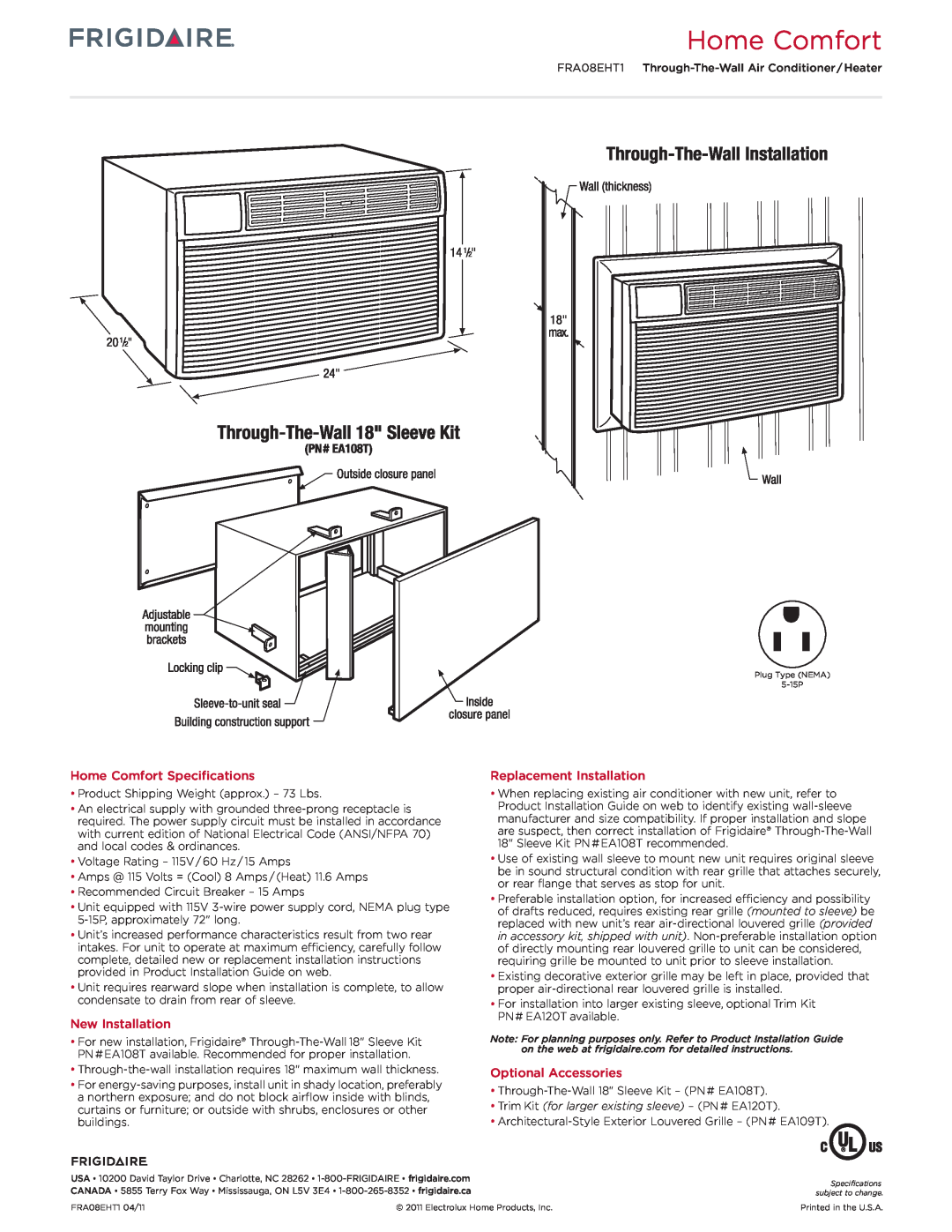 Frigidaire FRA08EHTI Home Comfort Specifications, New Installation, Replacement Installation, Optional Accessories 