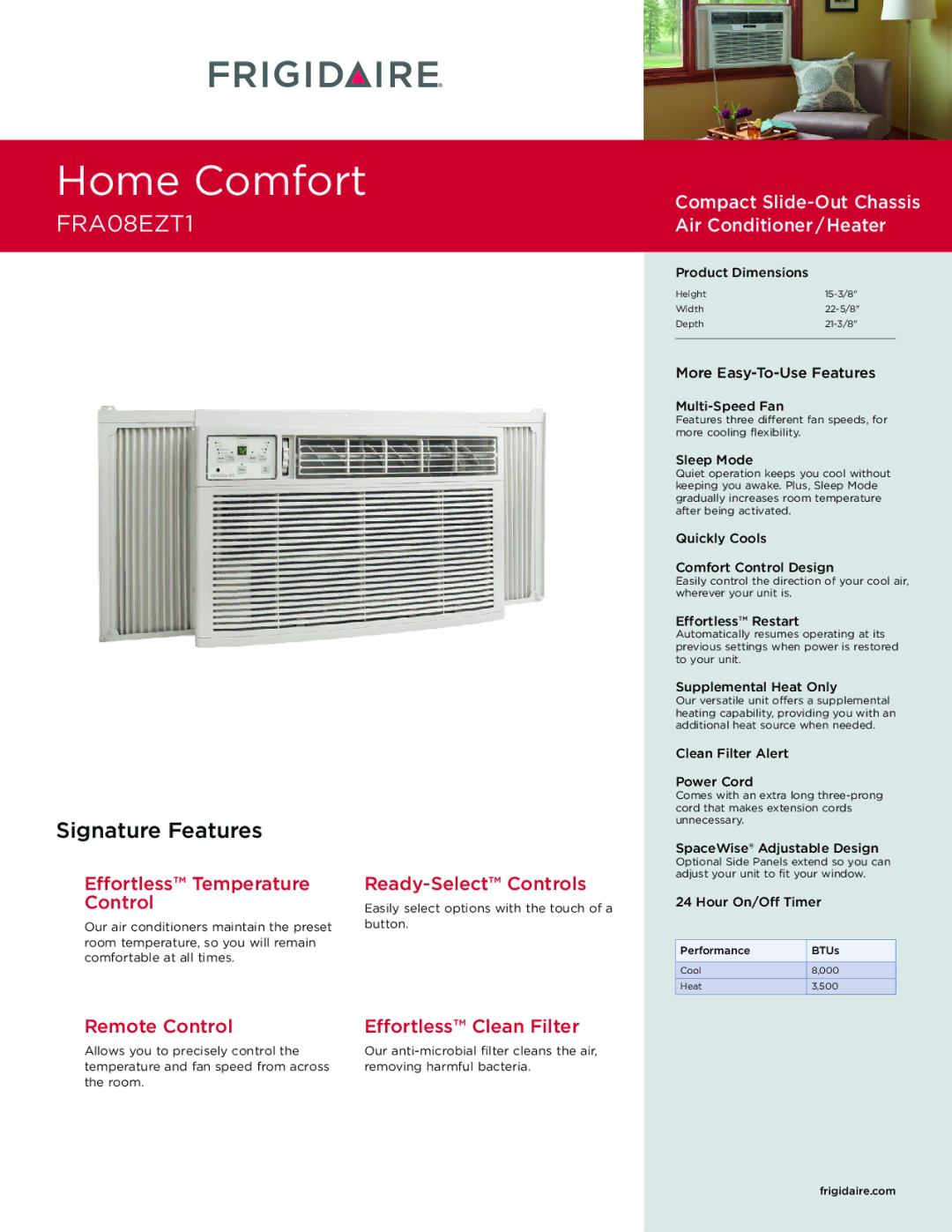 Frigidaire FRA08EZT1 dimensions Effortless Temperature Control, Ready-Select Controls 