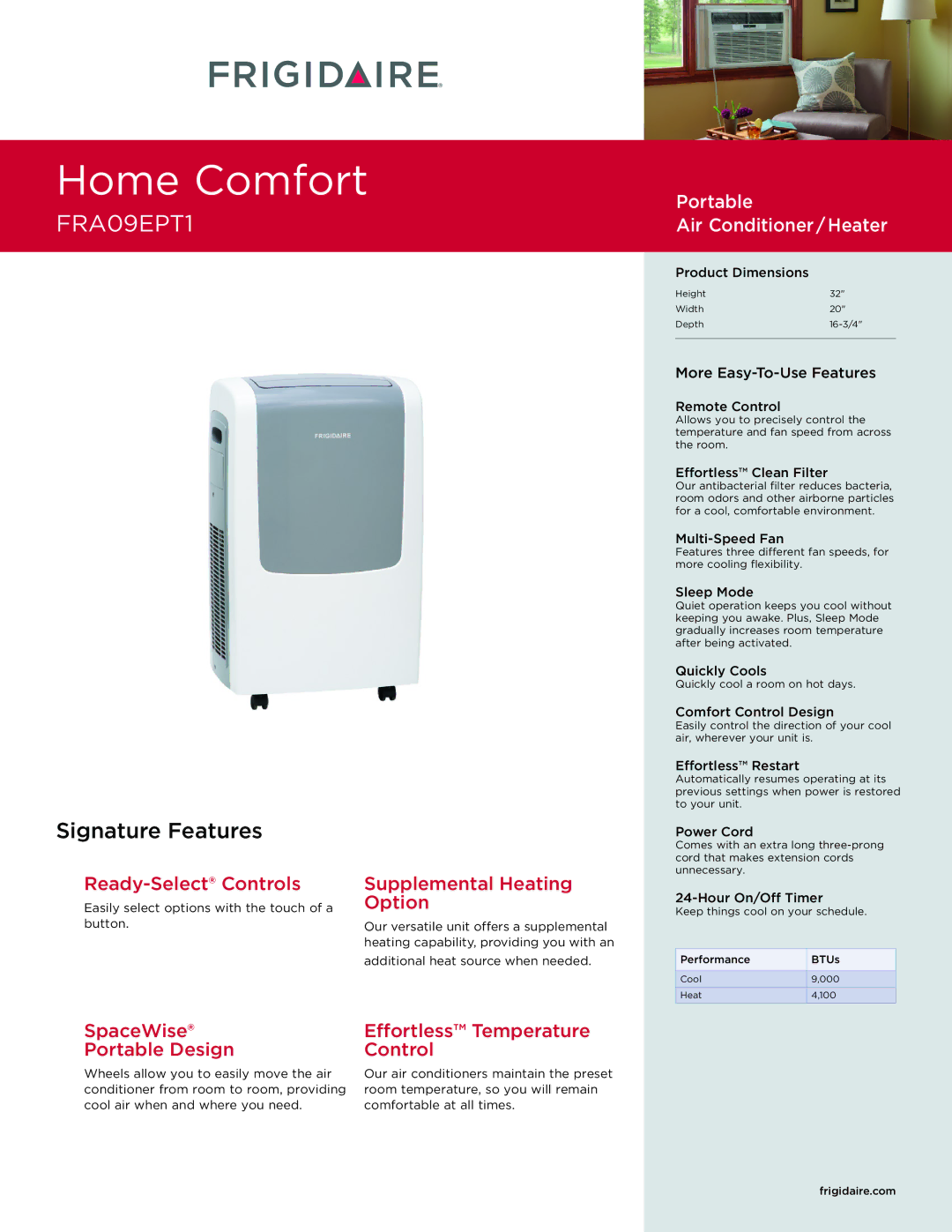 Frigidaire FRA09EPT1 dimensions Ready-Select Controls, Supplemental Heating Option 