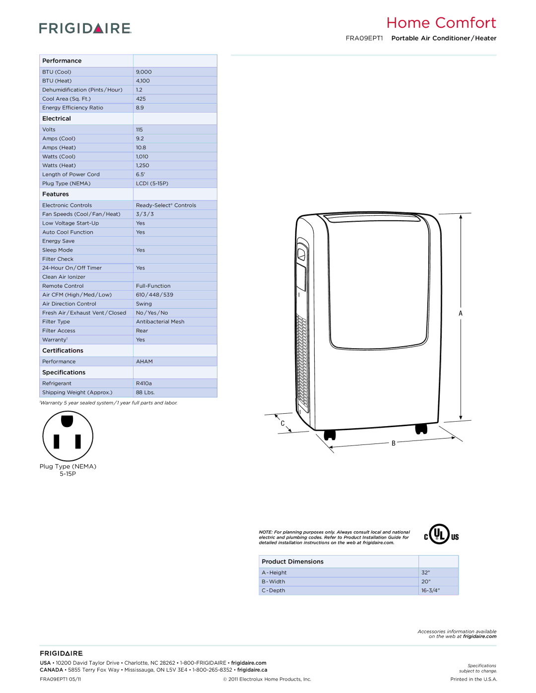 Frigidaire FRA09EPT1 dimensions Electrical, Features, Certifications, Specifications, Plug Type Nema 15P Product Dimensions 