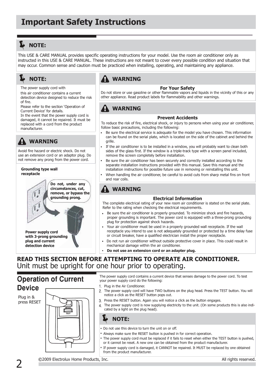 Frigidaire FRA102BT1, 2020215A0281 warranty Important Safety Instructions, Grounding type wall receptacle 