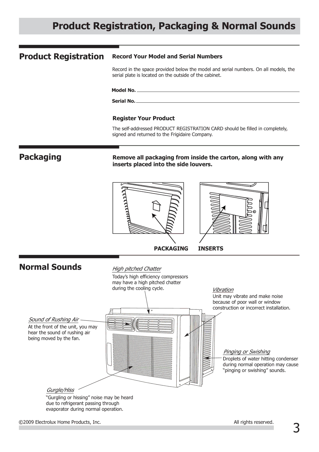 Frigidaire 2020215A0281, FRA102BT1 warranty Product Registration, Packaging & Normal Sounds, Register Your Product 