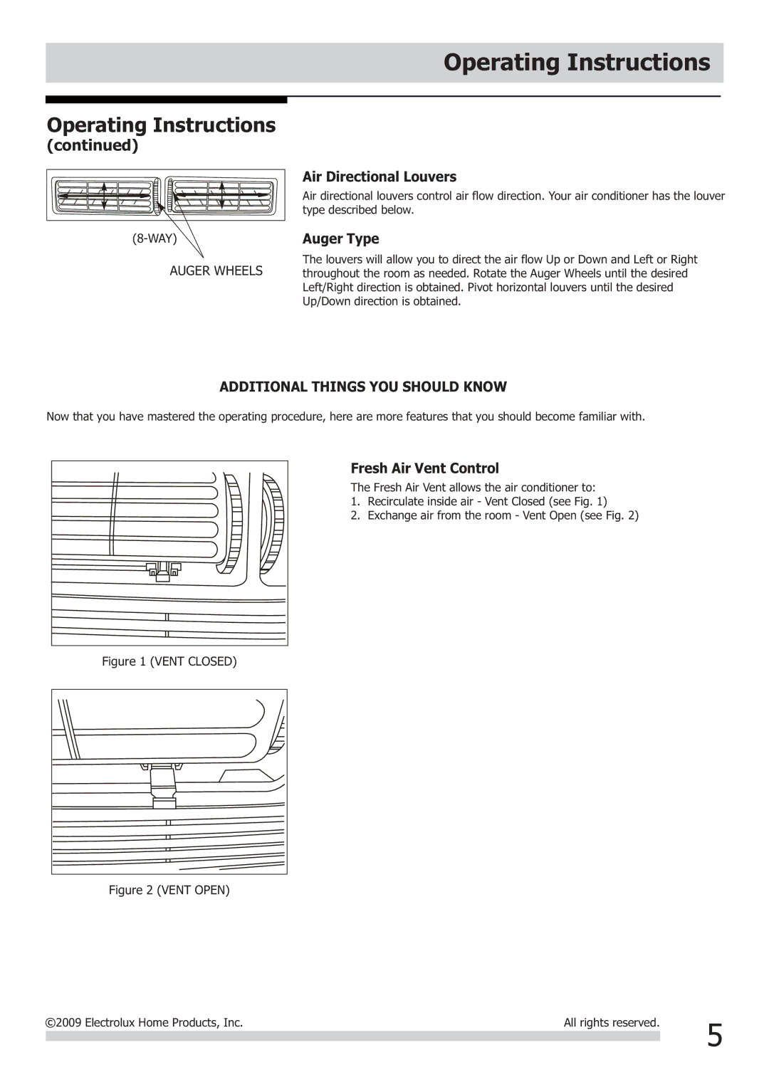 Frigidaire 2020215A0281, FRA102BT1 warranty Air Directional Louvers, Auger Type, Fresh Air Vent Control 