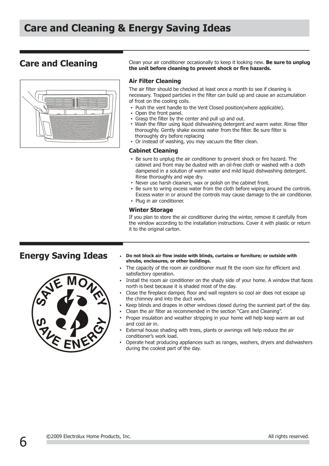 Frigidaire FRA102BT1 Care and Cleaning & Energy Saving Ideas, Air Filter Cleaning, Cabinet Cleaning, Winter Storage 