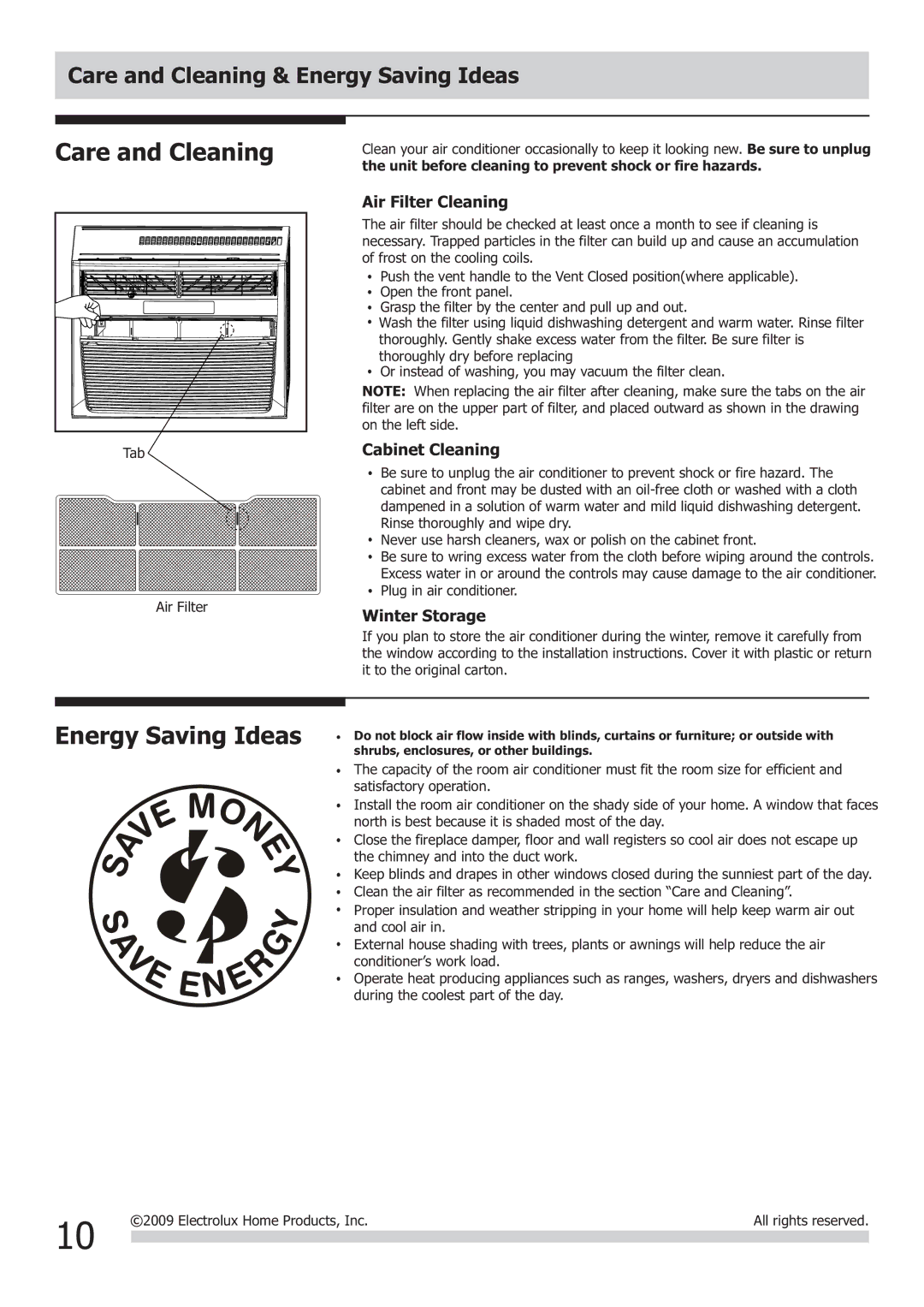 Frigidaire FRA103BT1, 2020215A0320 important safety instructions Care and Cleaning 