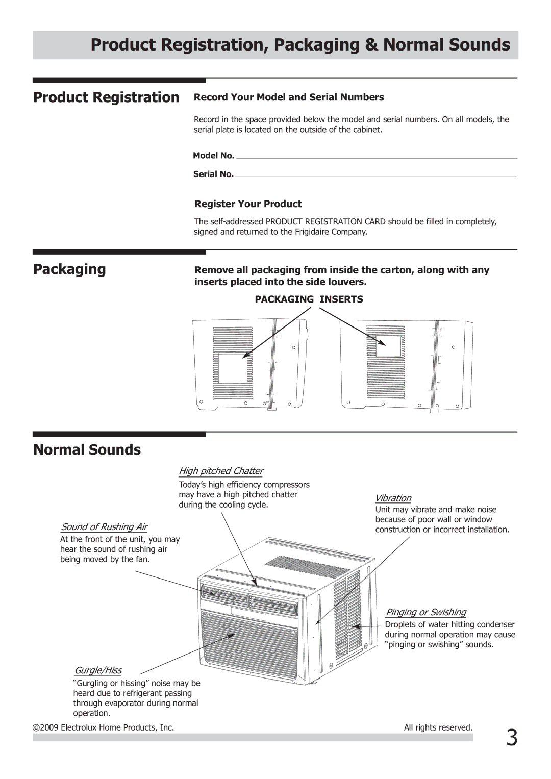 Frigidaire 2020215A0320, FRA103BT1 important safety instructions Product Registration, Packaging & Normal Sounds 