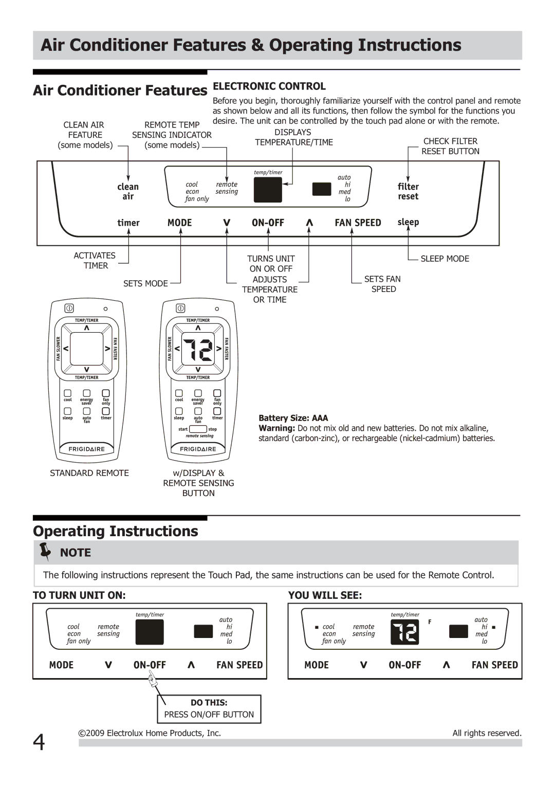 Frigidaire FRA103BT1 Air Conditioner Features & Operating Instructions, Electronic Control, To Turn Unit on YOU will see 