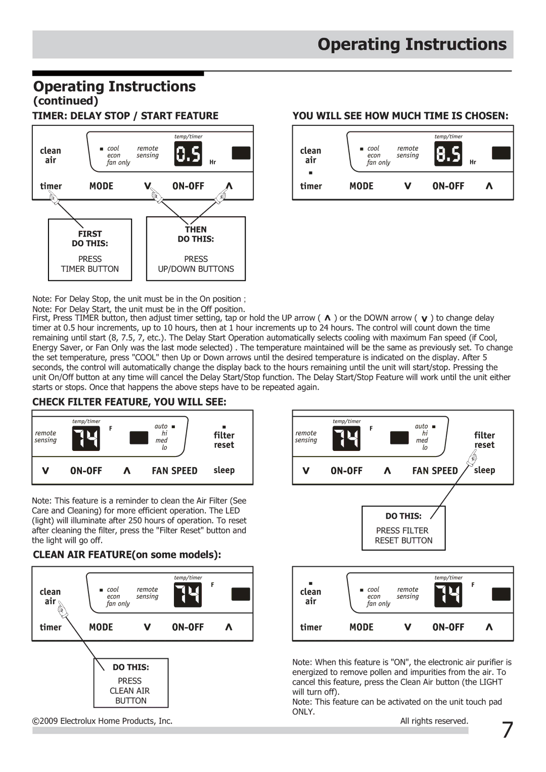 Frigidaire 2020215A0320, FRA103BT1 Timer Delay Stop / Start Feature, Check Filter FEATURE, YOU will see 