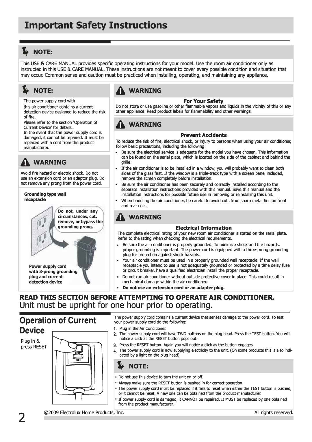 Frigidaire FRA103BT1 Important Safety Instructions, For Your Safety, Prevent Accidents, Electrical Information 