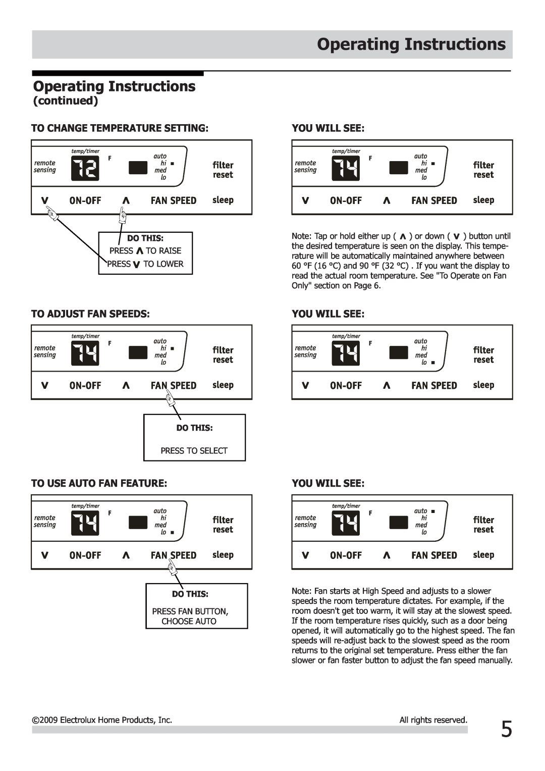 Frigidaire 2020215A0320 Operating Instructions, continued, TO CHANGE TEMPERATURE SETTlNG, To Adjust Fan Speeds, Do This 