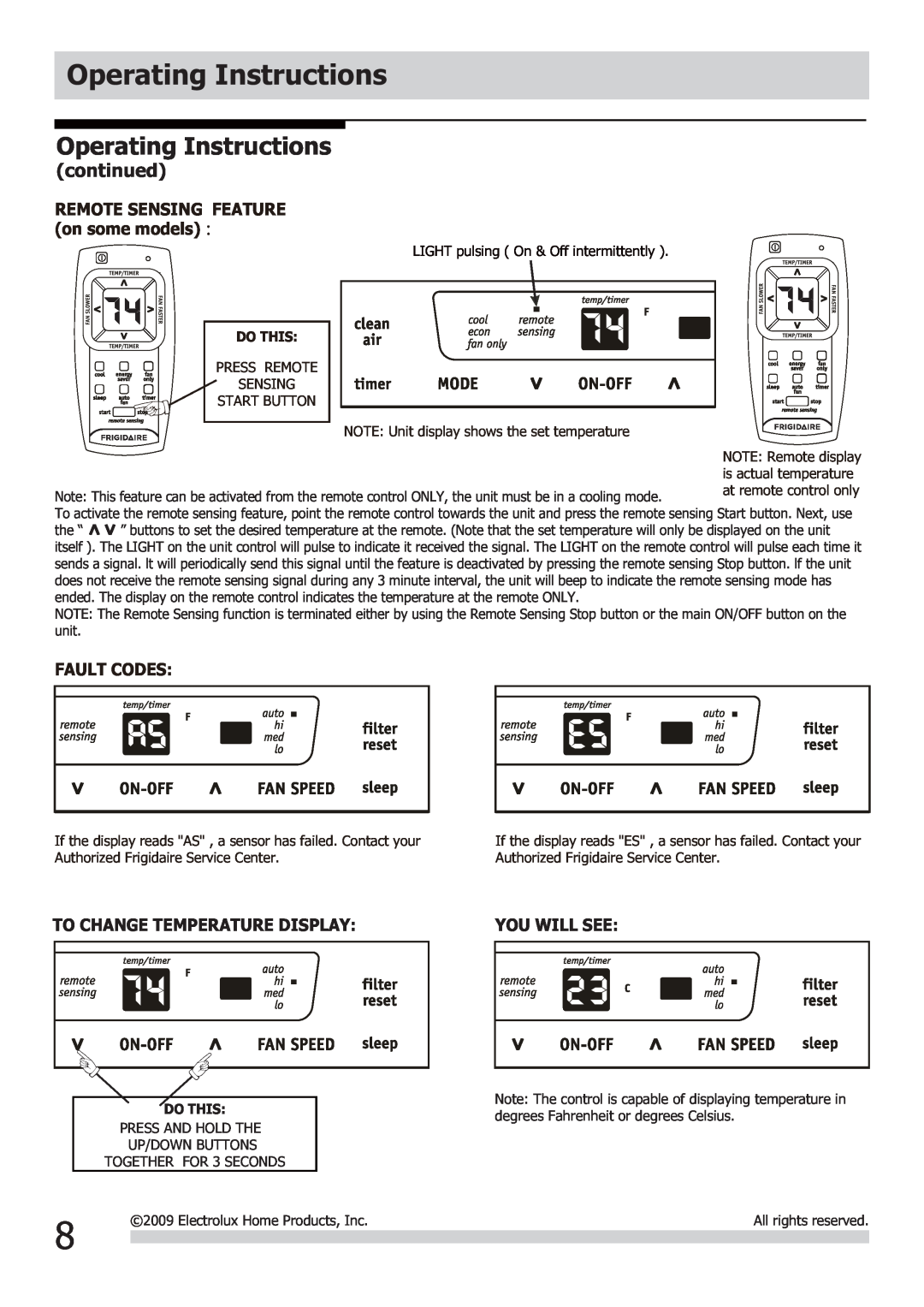 Frigidaire FRA103BT1 Fault Codes, To Change Temperature Display, Operating Instructions, continued, You Will See, Do This 