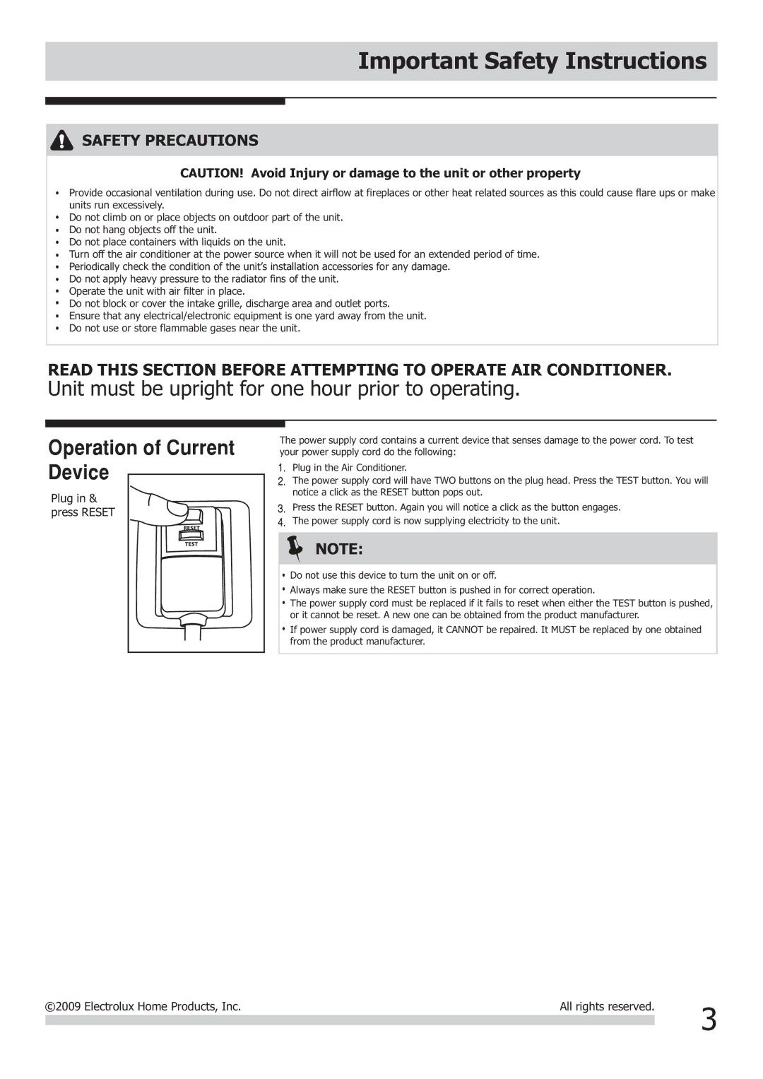 Frigidaire FRA103KT1 important safety instructions Unit must be upright for one hour prior to operating 