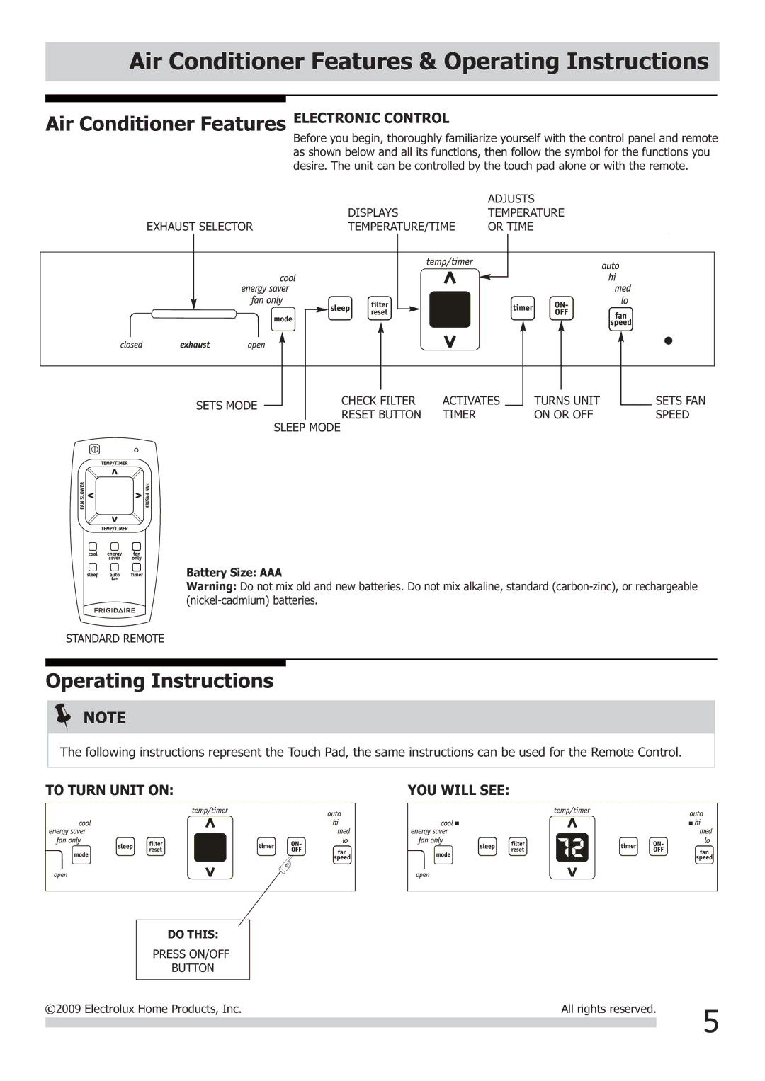 Frigidaire FRA103KT1 Air Conditioner Features & Operating Instructions, Air Conditioner Features Electronic Control 