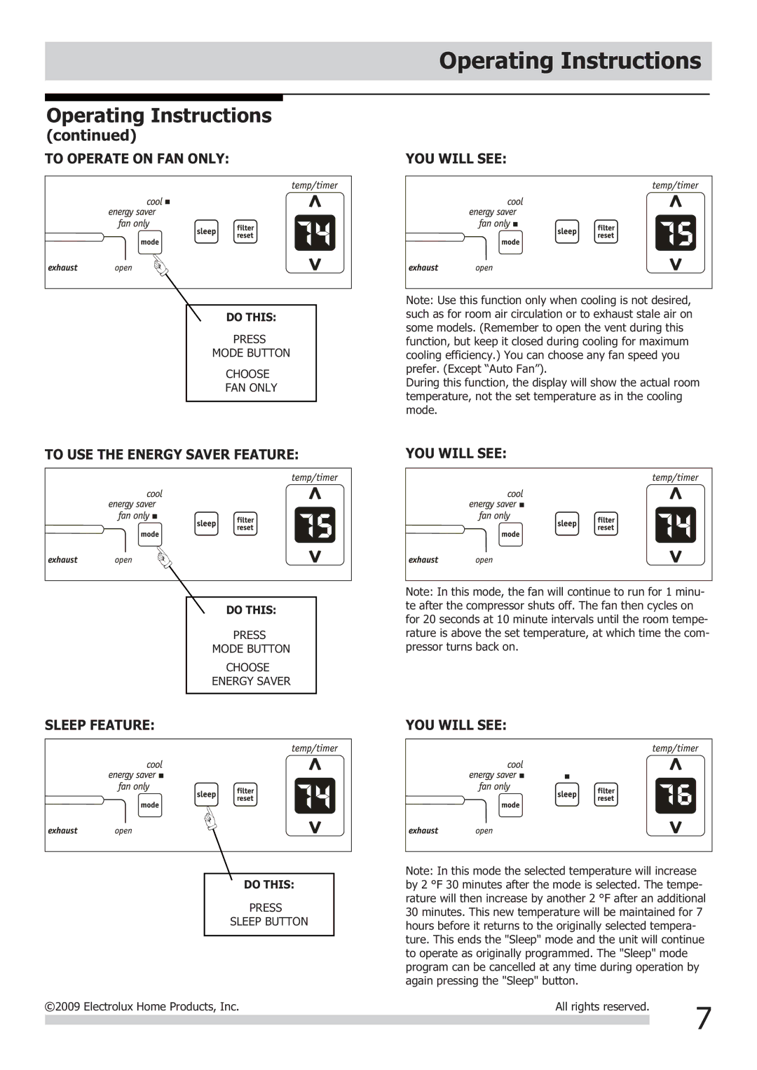 Frigidaire FRA103KT1 important safety instructions To Operate on FAN only 