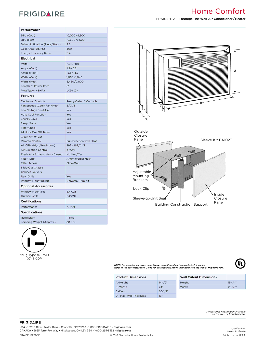 Frigidaire FRA10EHT2 dimensions Performance, Electrical, Features, Optional Accessories, Certifications, Specifications 