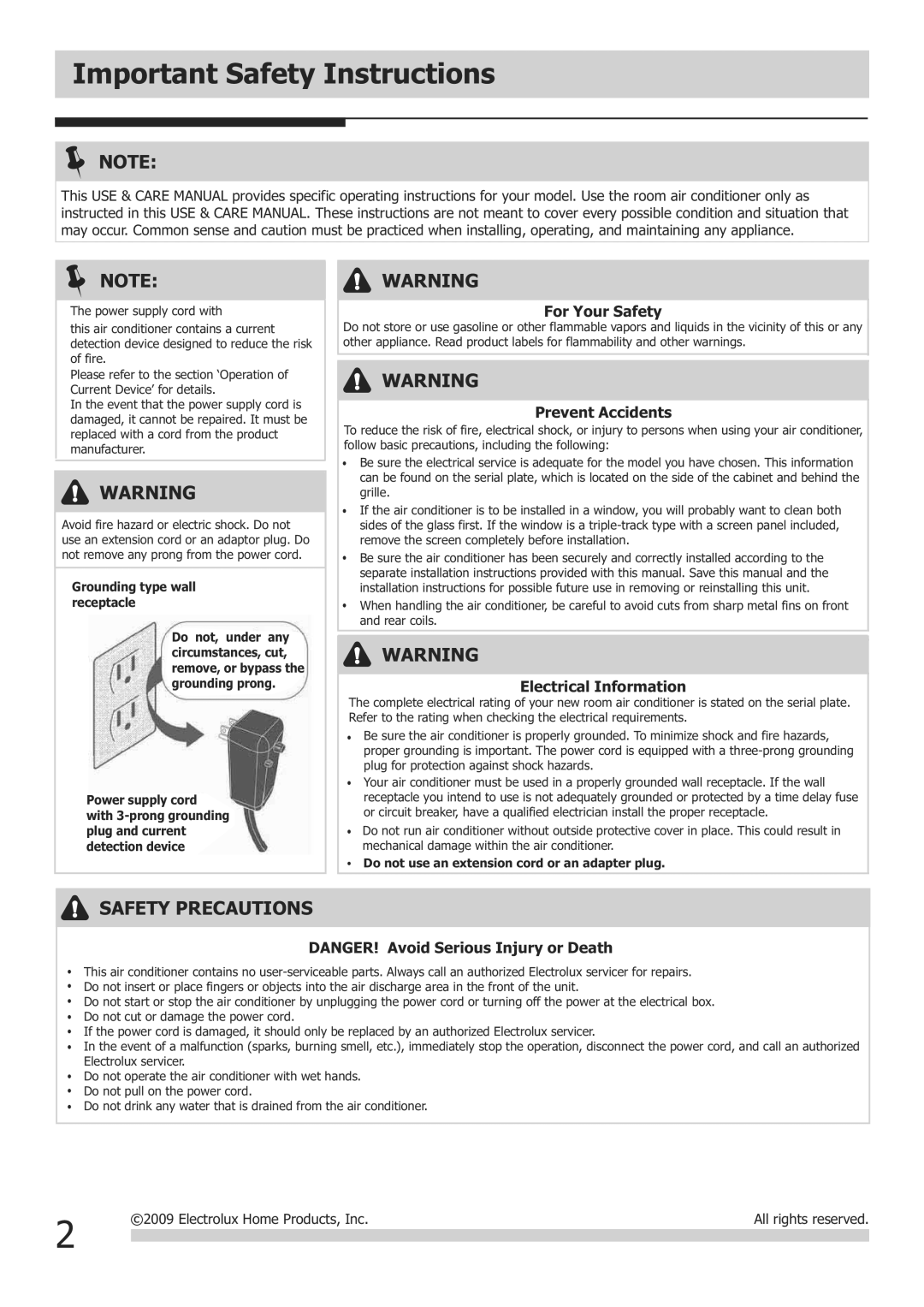 Frigidaire FRA122CV1 warranty Important Safety Instructions, Grounding type wall receptacle 