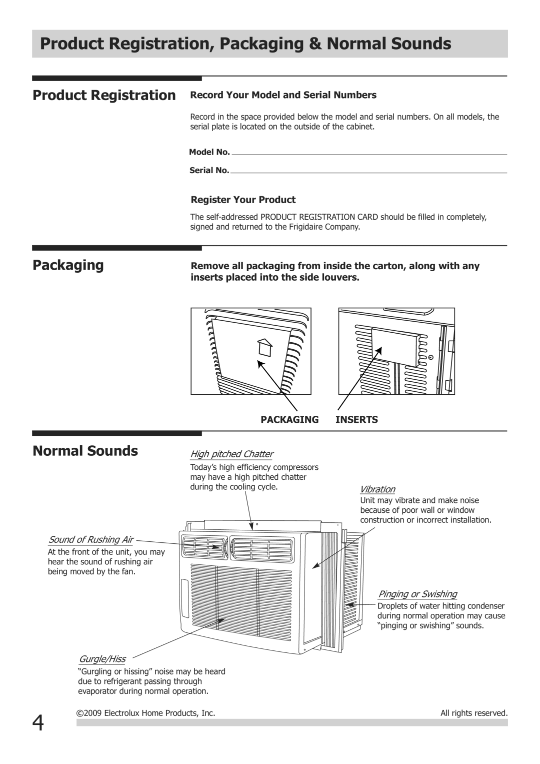 Frigidaire FRA122CV1 warranty Product Registration, Packaging & Normal Sounds 