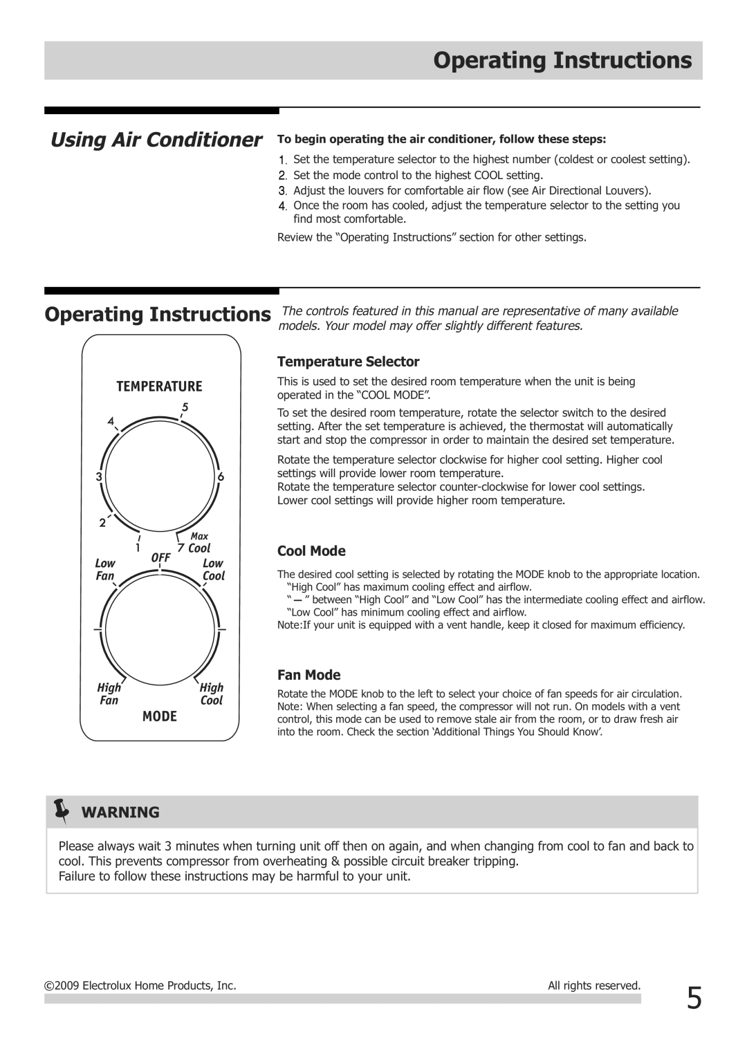 Frigidaire FRA122CV1 warranty Operating Instructions, Temperature Selector 