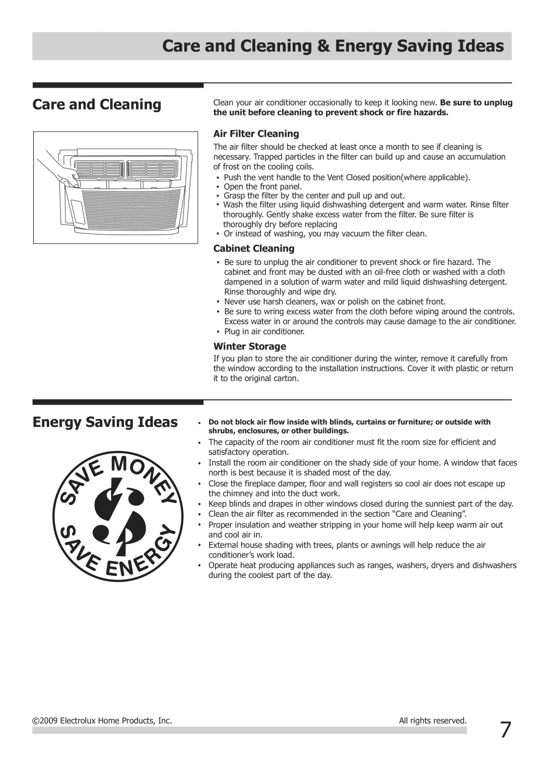 Frigidaire FRA122CV1 warranty Care and Cleaning & Energy Saving Ideas 