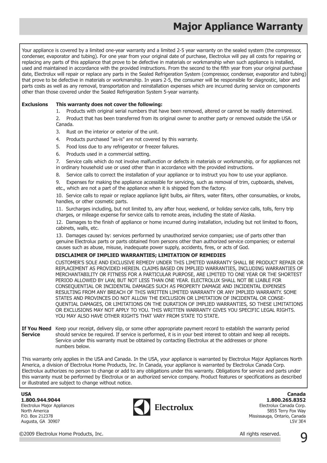 Frigidaire FRA122CV1 Major Appliance Warranty, Exclusions This warranty does not cover the following 