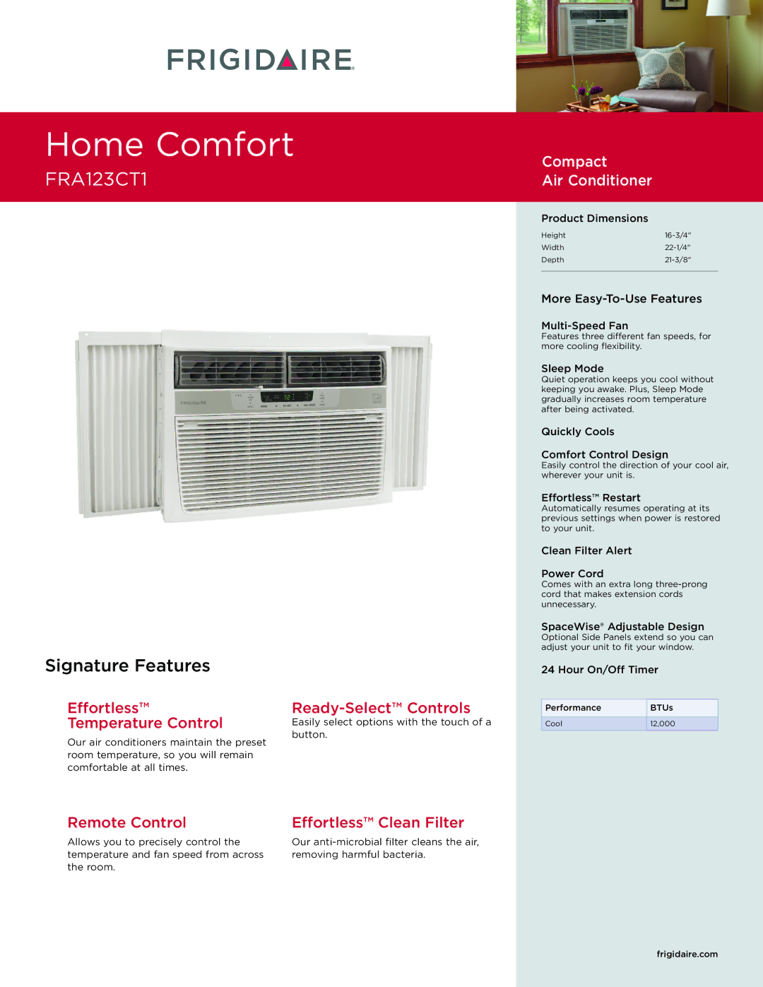 Frigidaire FRA123CT1 dimensions Effortless Temperature Control, Ready-Select Controls 