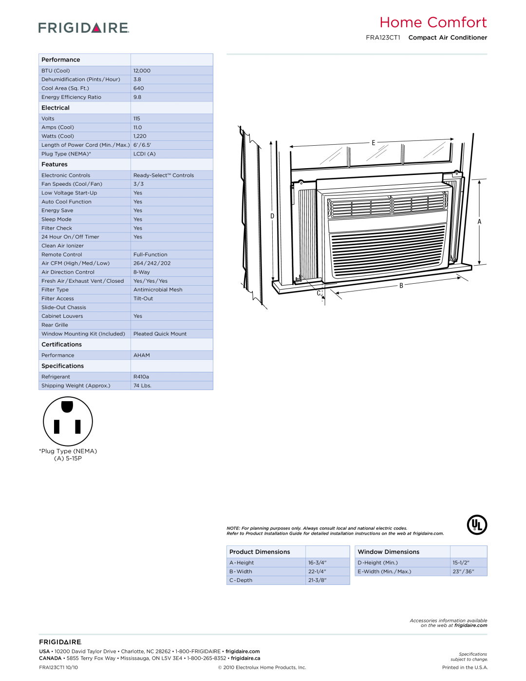 Frigidaire dimensions Home Comfort, E D A B C, FRA123CT1 Compact Air Conditioner 