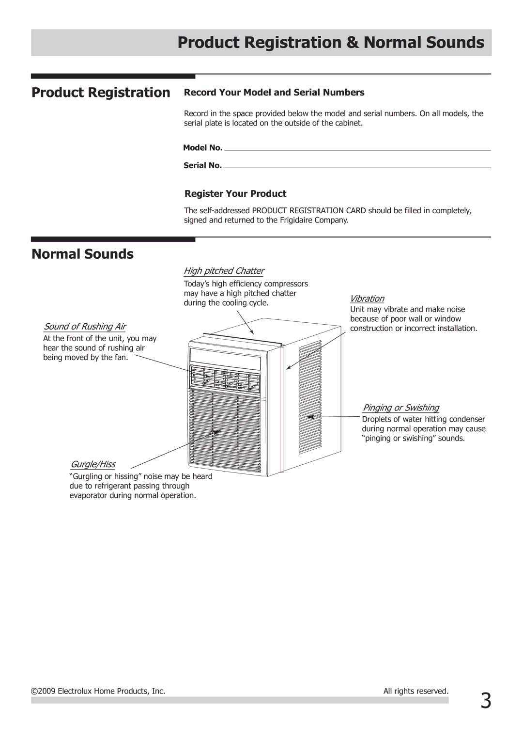 Frigidaire FRA123KT1 Product Registration & Normal Sounds, Product Registration Record Your Model and Serial Numbers 