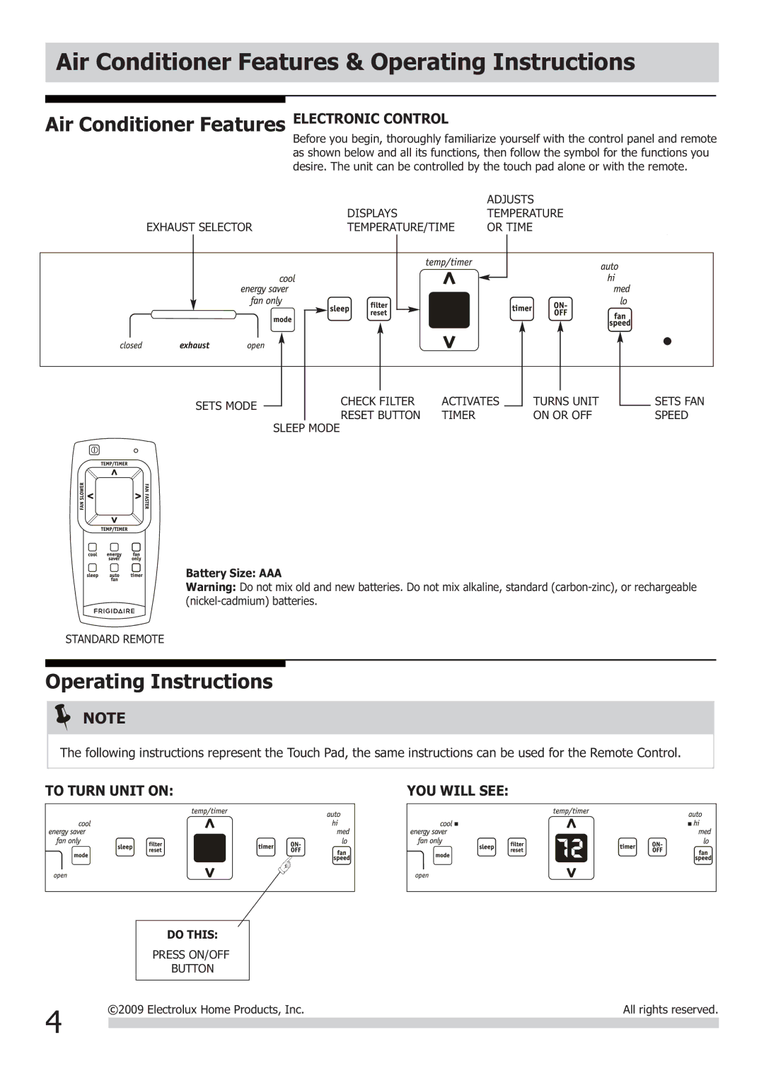 Frigidaire FRA123KT1 Air Conditioner Features & Operating Instructions, To Turn Unit on YOU will see 