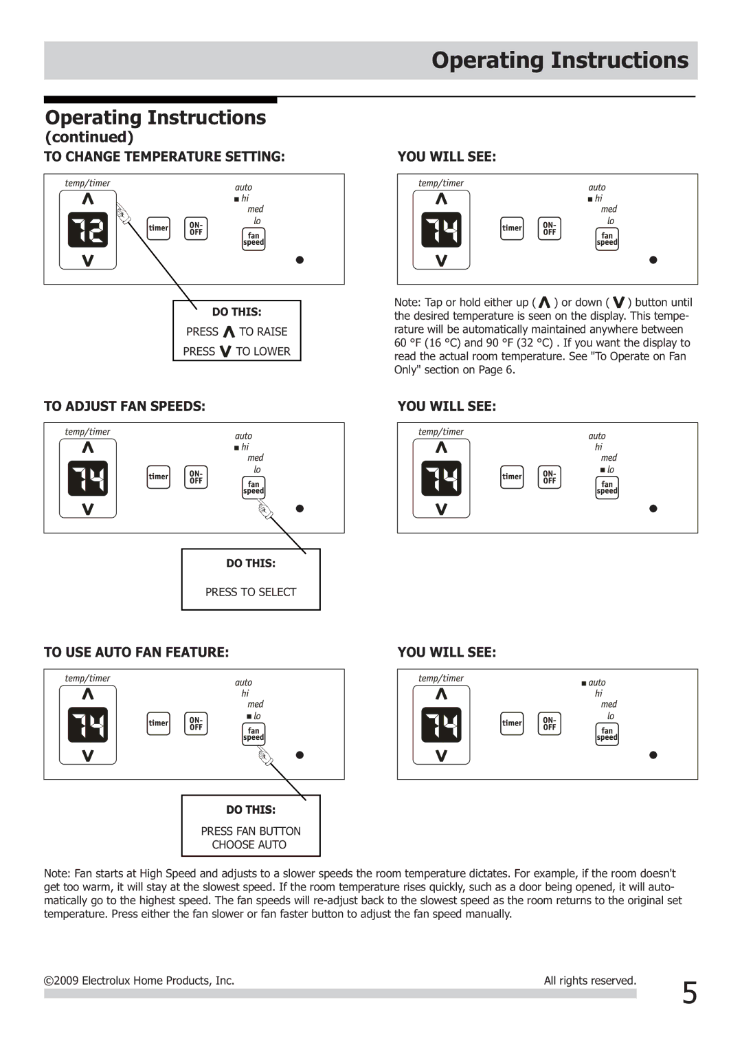 Frigidaire FRA123KT1 Operating Instructions, To Adjust FAN Speeds YOU will see, To USE Auto FAN Feature YOU will see 