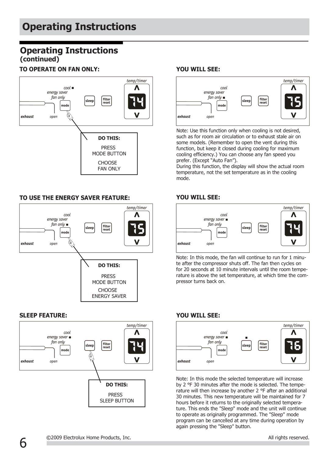 Frigidaire FRA123KT1 To Operate on FAN only, To USE the Energy Saver Feature, Sleep Feature YOU will see 