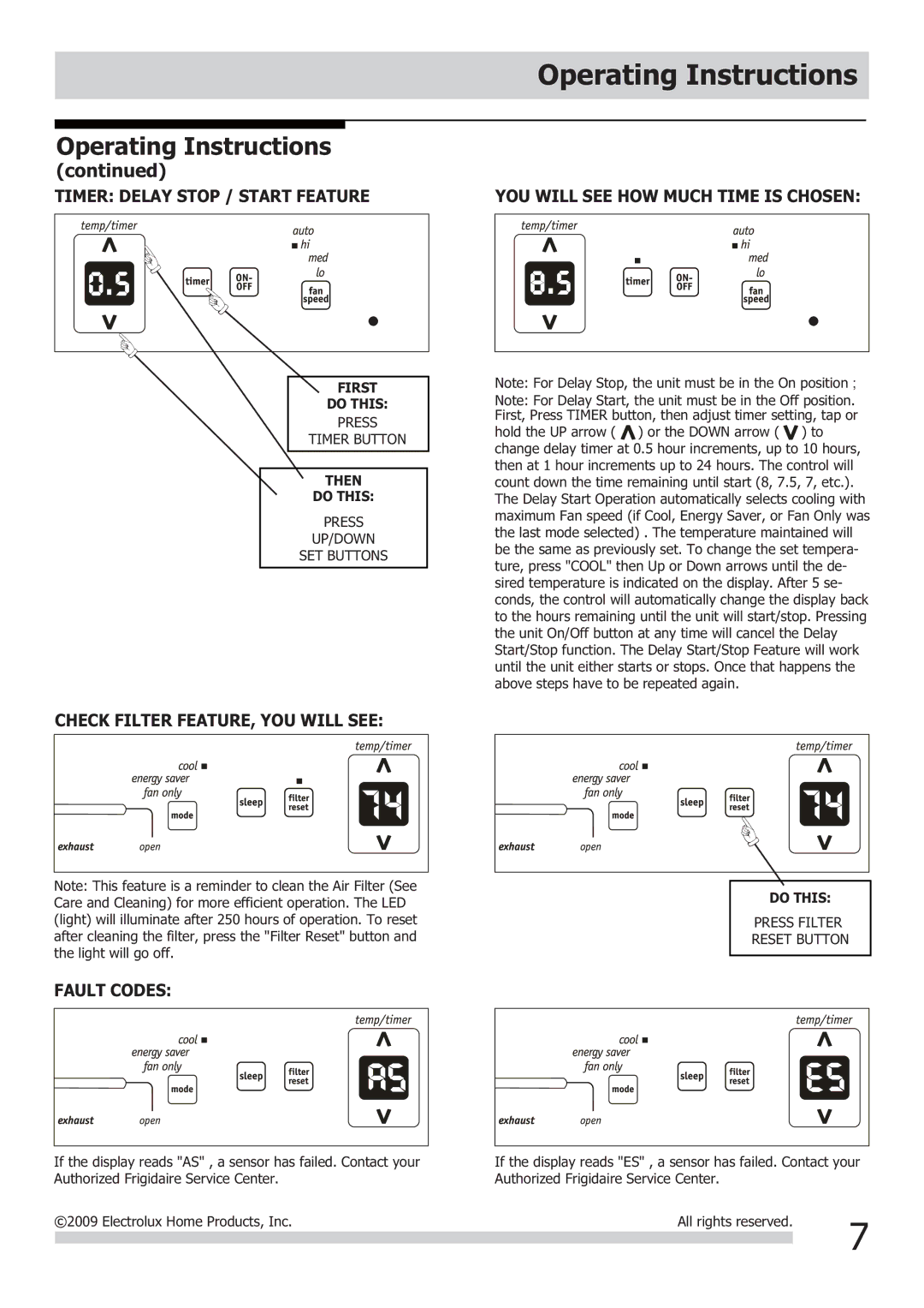 Frigidaire FRA123KT1 Timer Delay Stop / Start Feature, Check Filter FEATURE, YOU will see, Fault Codes 