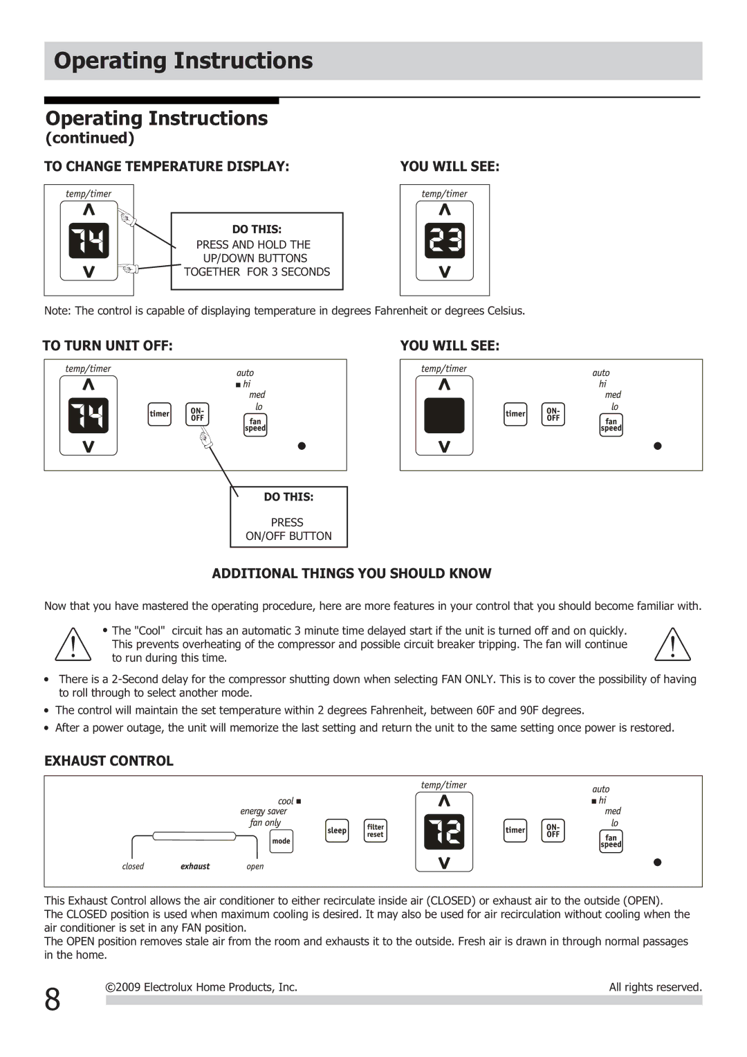 Frigidaire FRA123KT1 To Change Temperature Display, To Turn Unit OFF YOU will see, Additional Things YOU should Know 