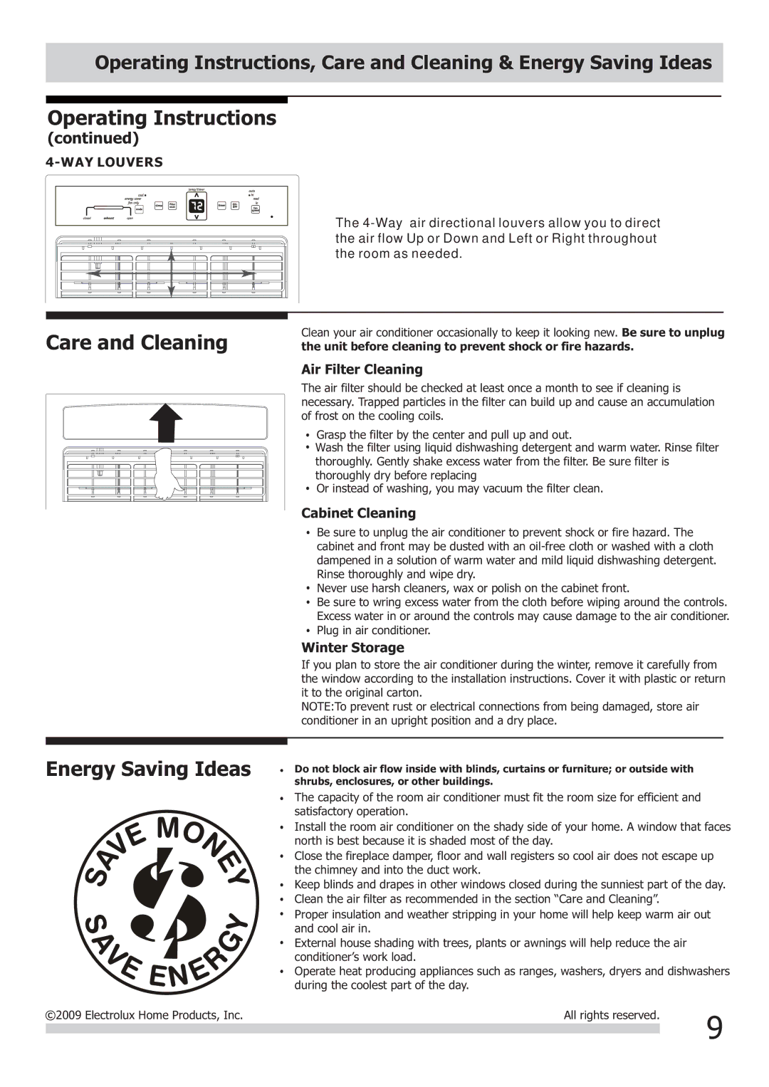 Frigidaire FRA123KT1 important safety instructions Care and Cleaning Energy Saving Ideas 