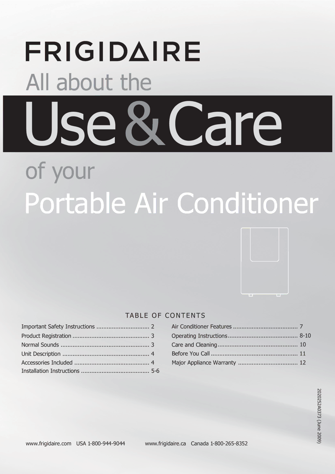 Frigidaire 2020252A0373, FRA123PT1 installation instructions Use&Care 