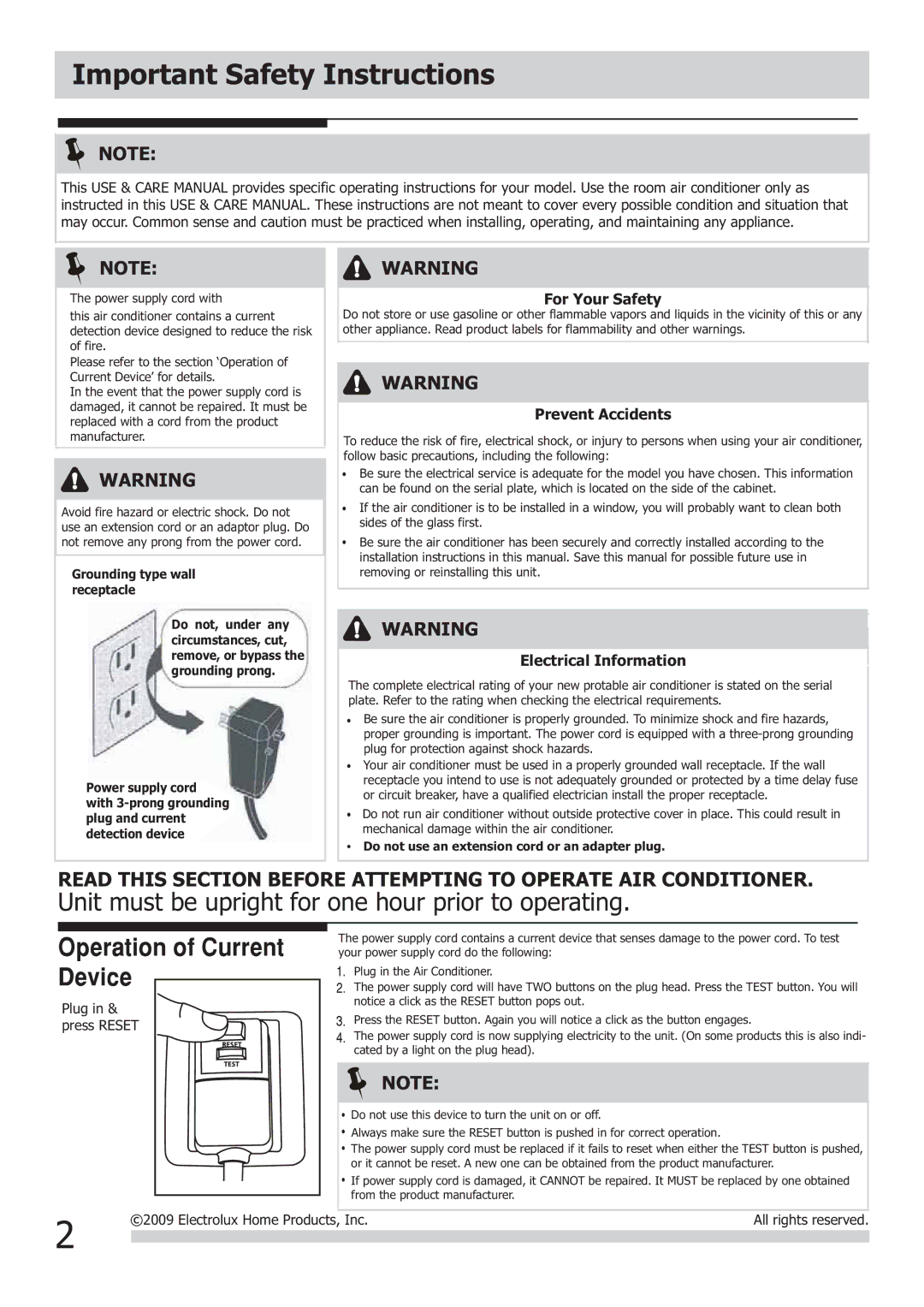 Frigidaire FRA123PT1 Important Safety Instructions, For Your Safety, Prevent Accidents, Electrical Information 