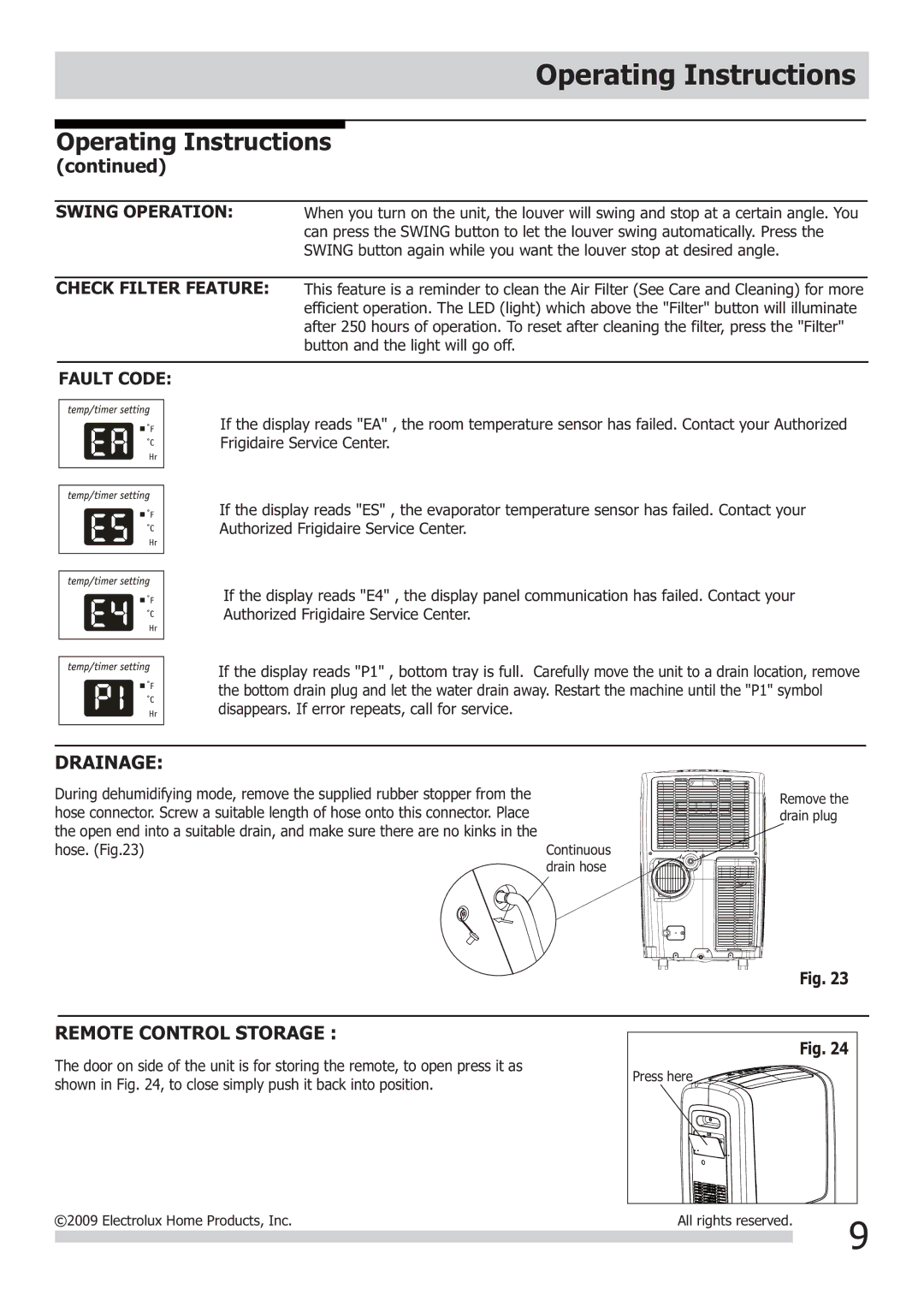 Frigidaire 2020252A0373, FRA123PT1 installation instructions Drainage, Remote Control Storage 