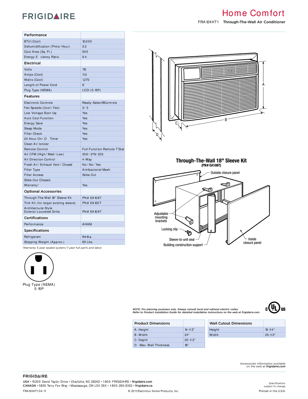 Frigidaire FRA124HT1 Electrical, Features, Optional Accessories, Certifications, Specifications, Plug Type Nema 15P 