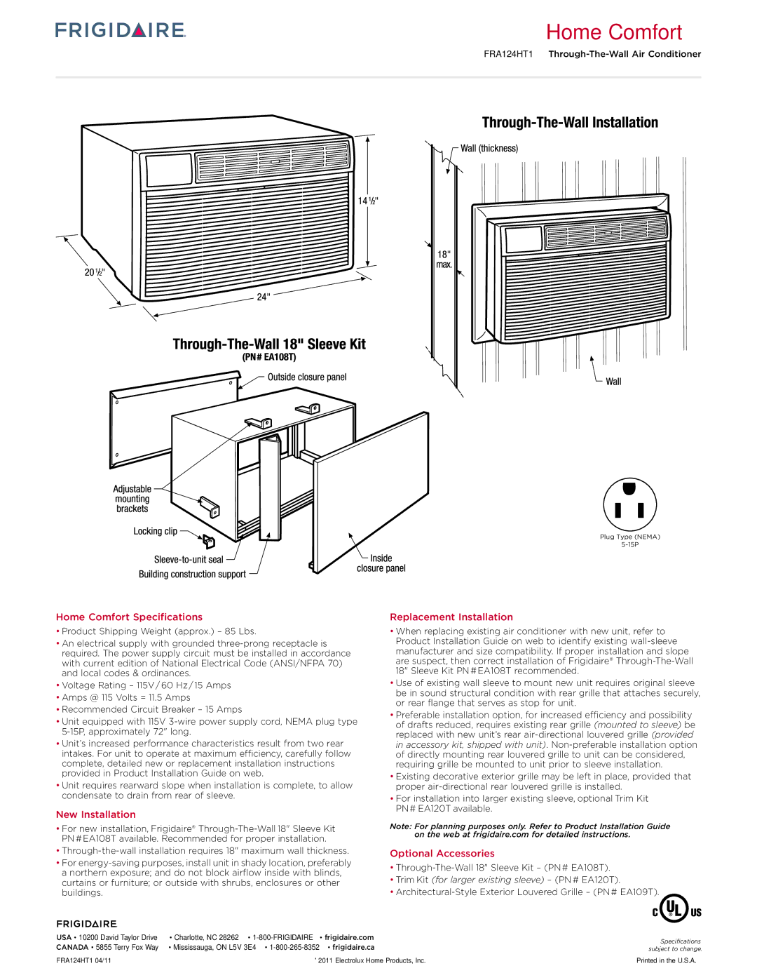 Frigidaire FRA124HT1 Home Comfort Specifications, New Installation, Replacement Installation, Optional Accessories 