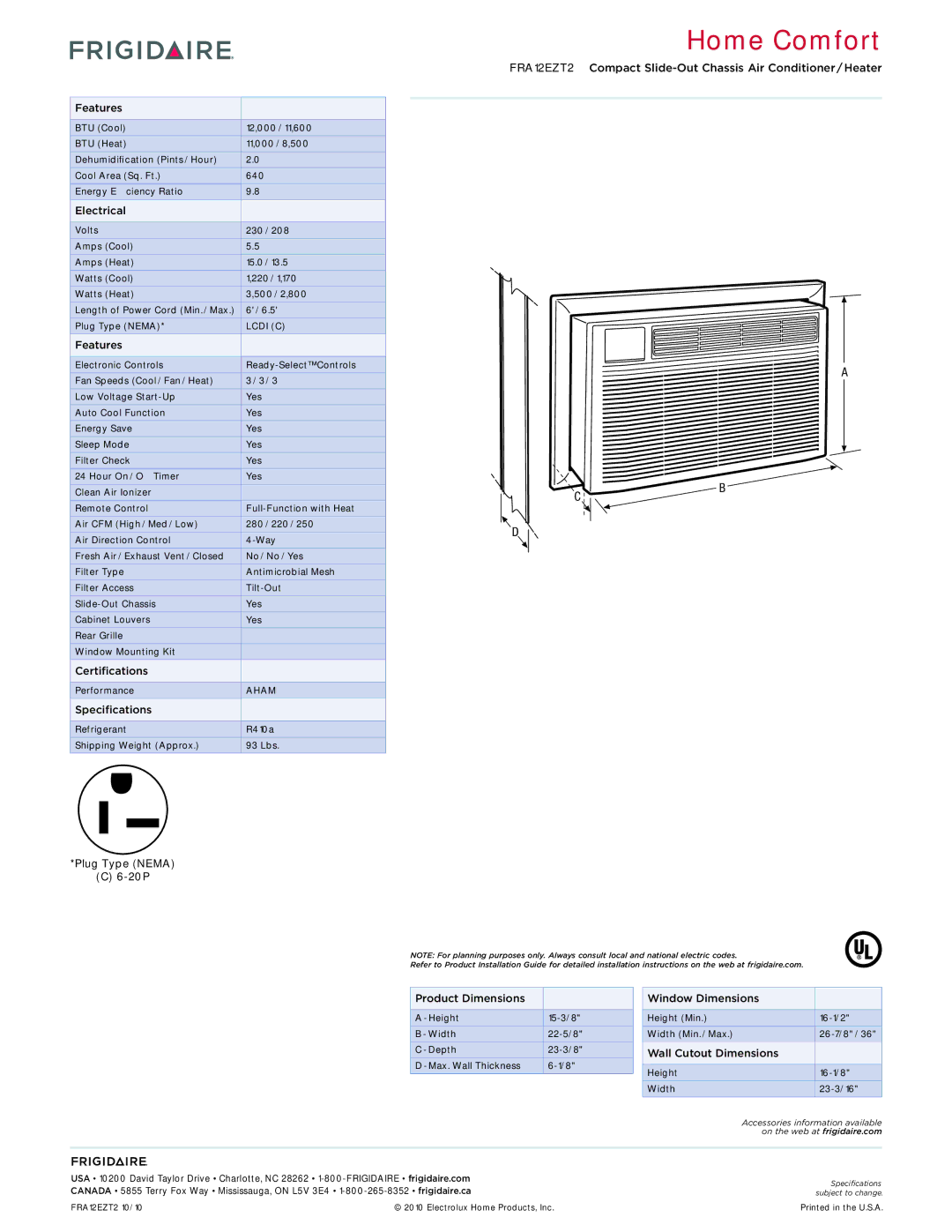 Frigidaire FRA12EZT2 Features, Electrical, Certifications, Specifications, Plug Type Nema 20P, Product Dimensions 