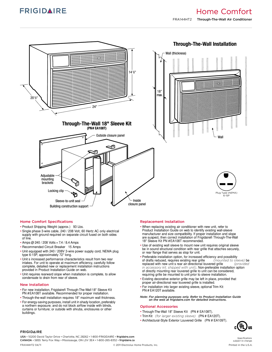 Frigidaire FRA144HT2 Home Comfort Specifications, New Installation, Replacement Installation, Optional Accessories 