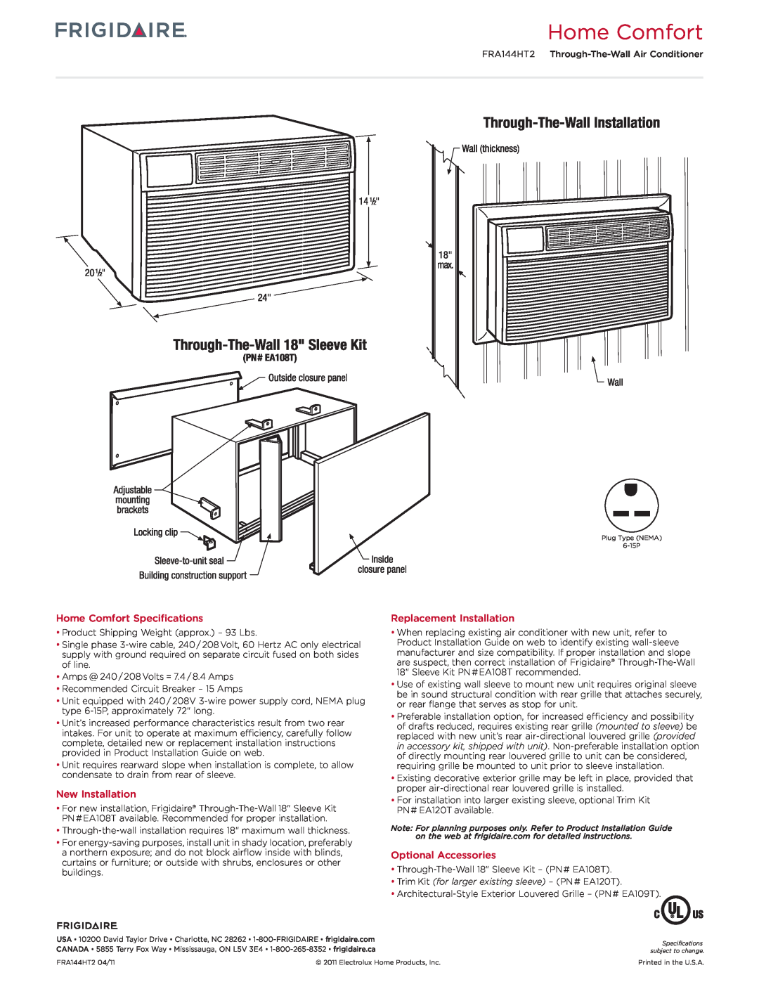 Frigidaire FRA144HT2 Home Comfort Specifications, New Installation, Replacement Installation, Optional Accessories 