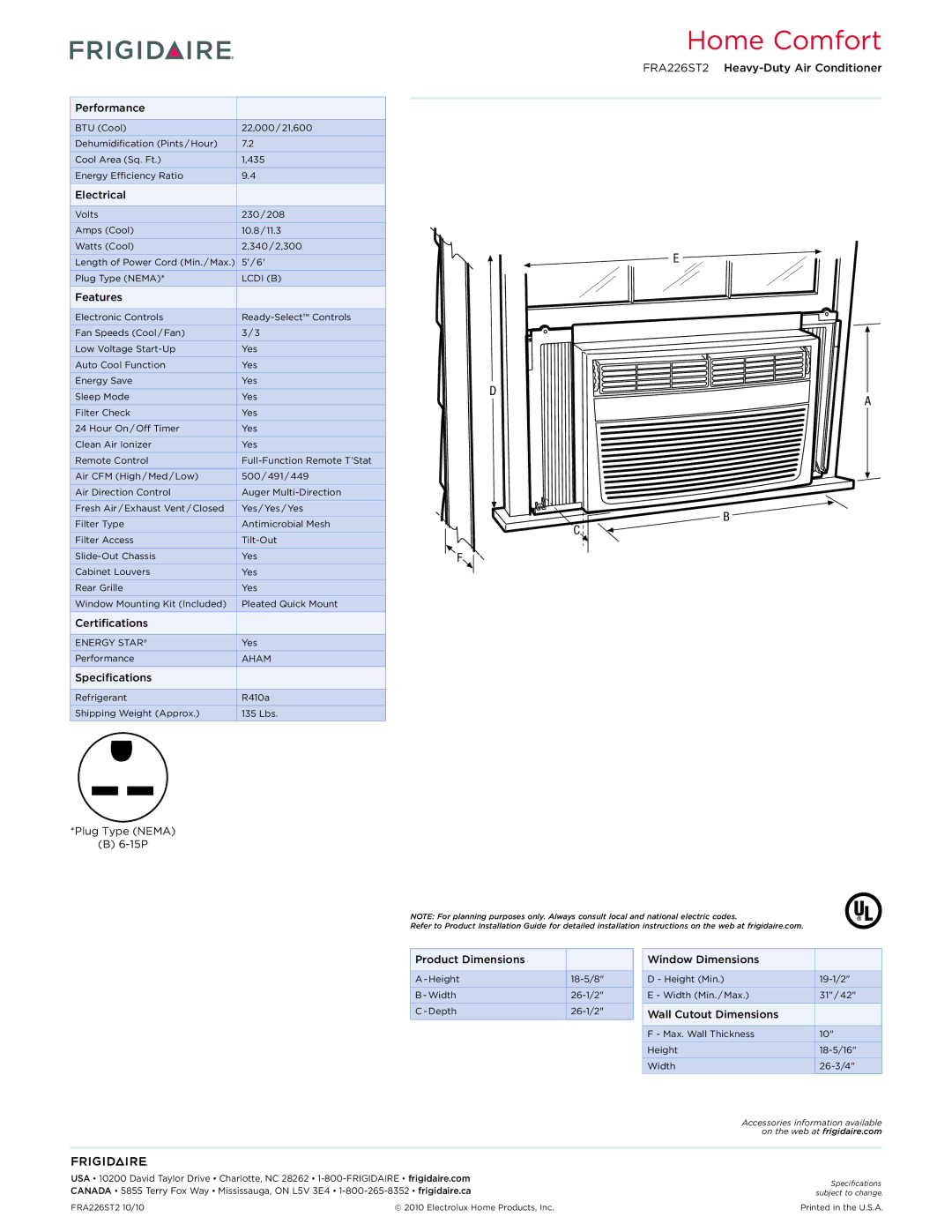 Frigidaire FRA226ST2 dimensions Performance, Electrical, Features, Certifications, Specifications, Plug Type Nema 15P 