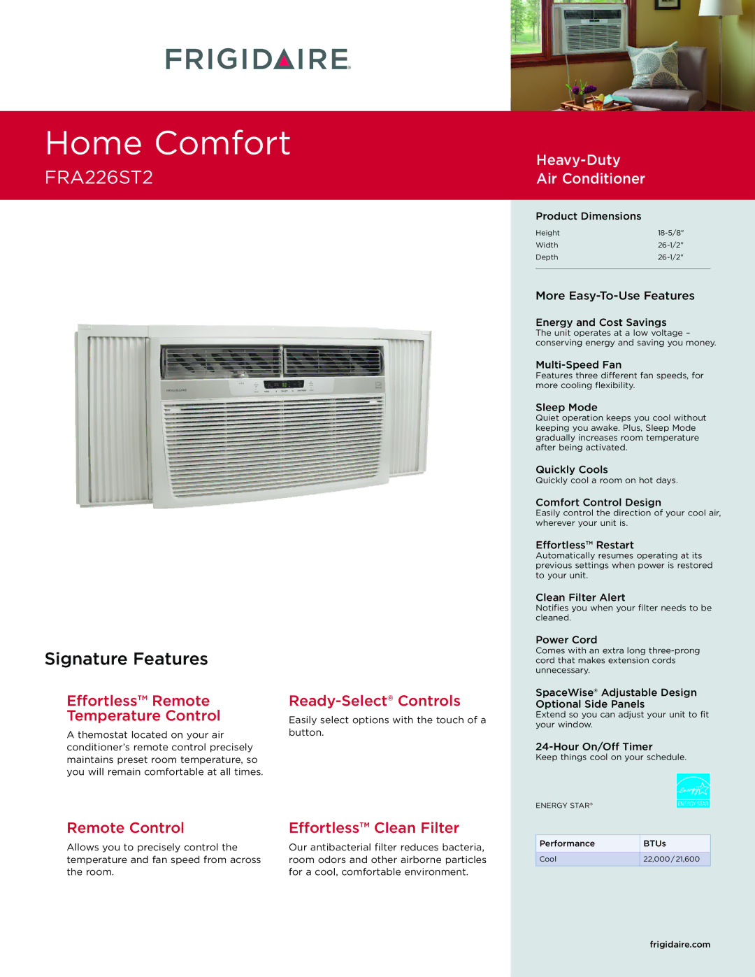 Frigidaire FRA226ST2 dimensions Effortless Remote Temperature Control, Ready-Select Controls 