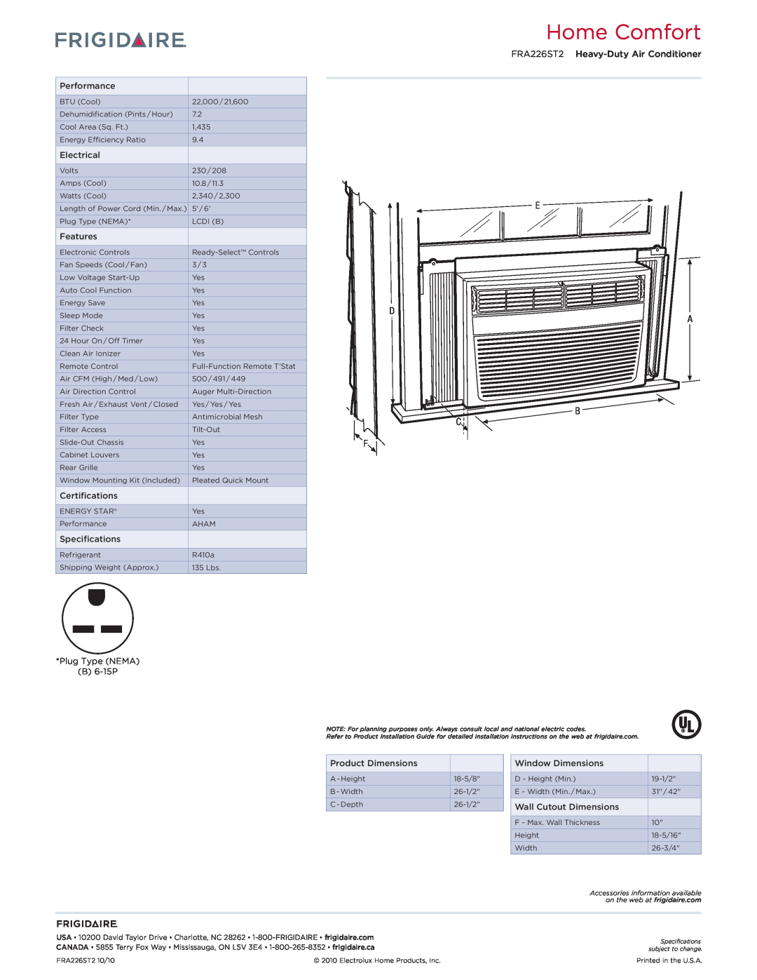 Frigidaire dimensions Home Comfort, E D A B C F, FRA226ST2 Heavy-Duty Air Conditioner 