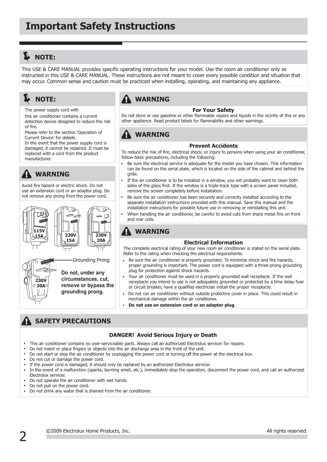 Frigidaire FRA18EMU2, FRA296ST2, FRA256SV2, FRA186MT2, FRA25ESU2, FRA156MT1 Important Safety Instructions, For Your Safety 