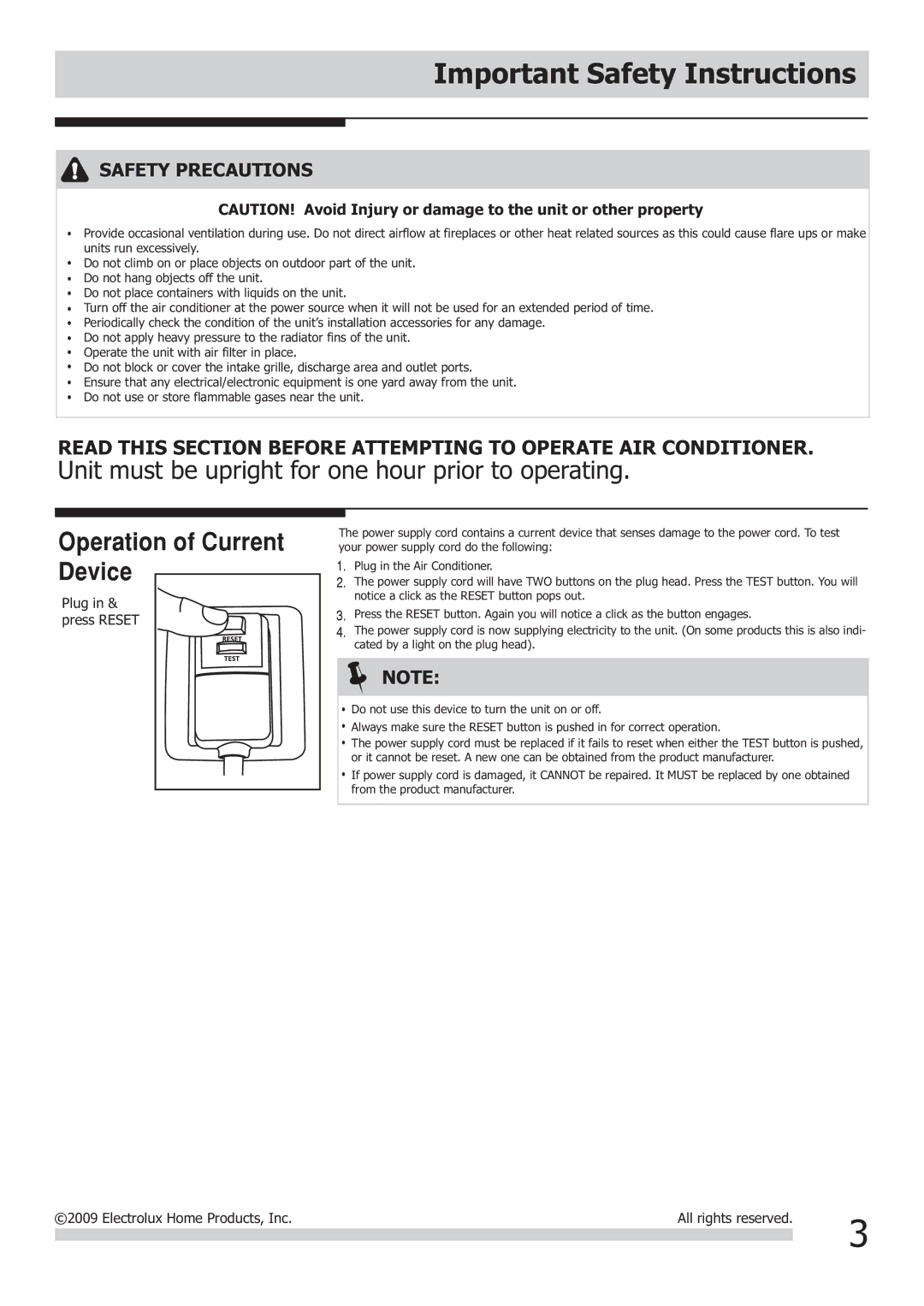 Frigidaire FRA186MT2, FRA296ST2, FRA256SV2, FRA18EMU2, FRA25ESU2 Unit must be upright for one hour prior to operating 