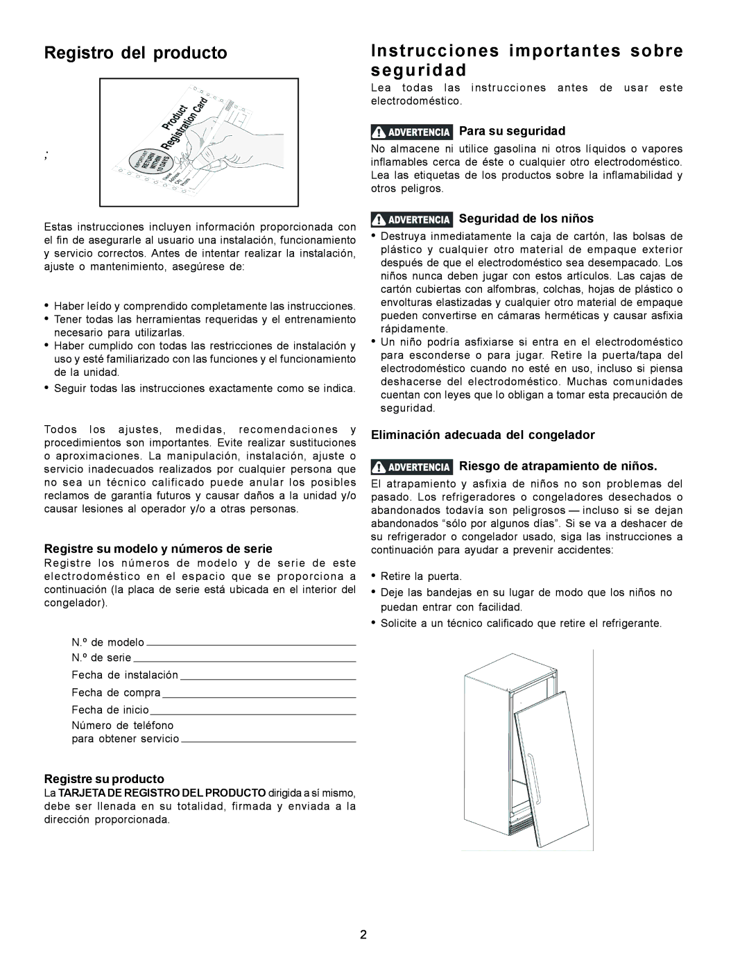 Frigidaire FREEZER/REFRIGERATOR GLASS DOOR REFRIGERATOR Registro del producto, Instrucciones importantes sobre seguridad 